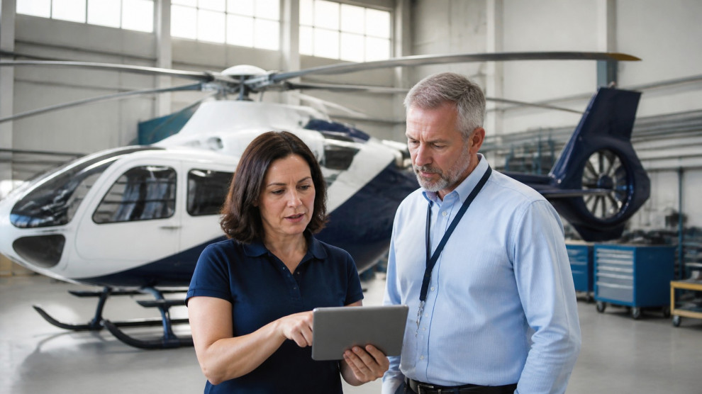Quality manager and auditor reviewing airworthiness records in front of an H145 helicopter in a hangar