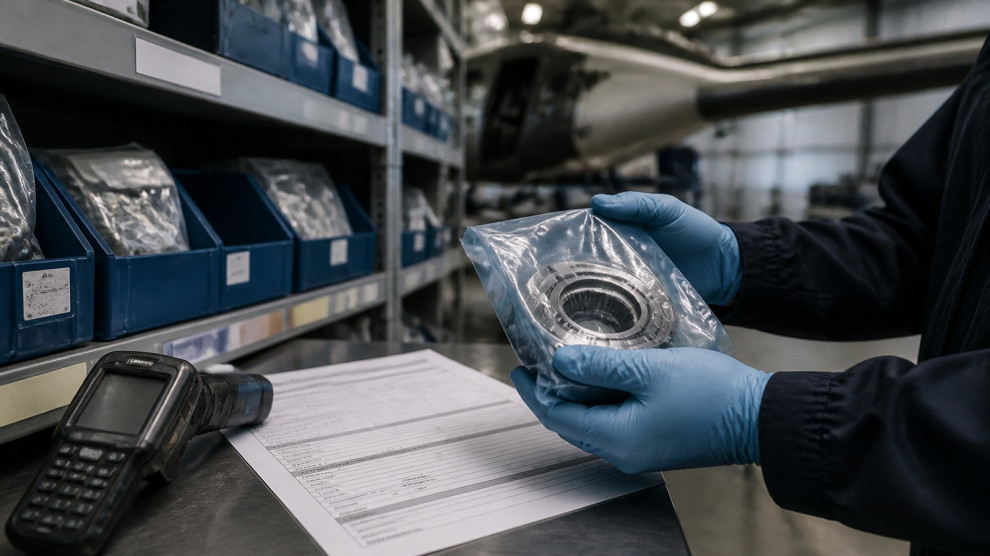 Storekeeper checking a bagged aircraft part with its certificate and a barcode scanner