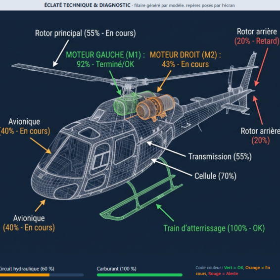 TracingNav dashboard: technical exploded view and diagnostic of a helicopter